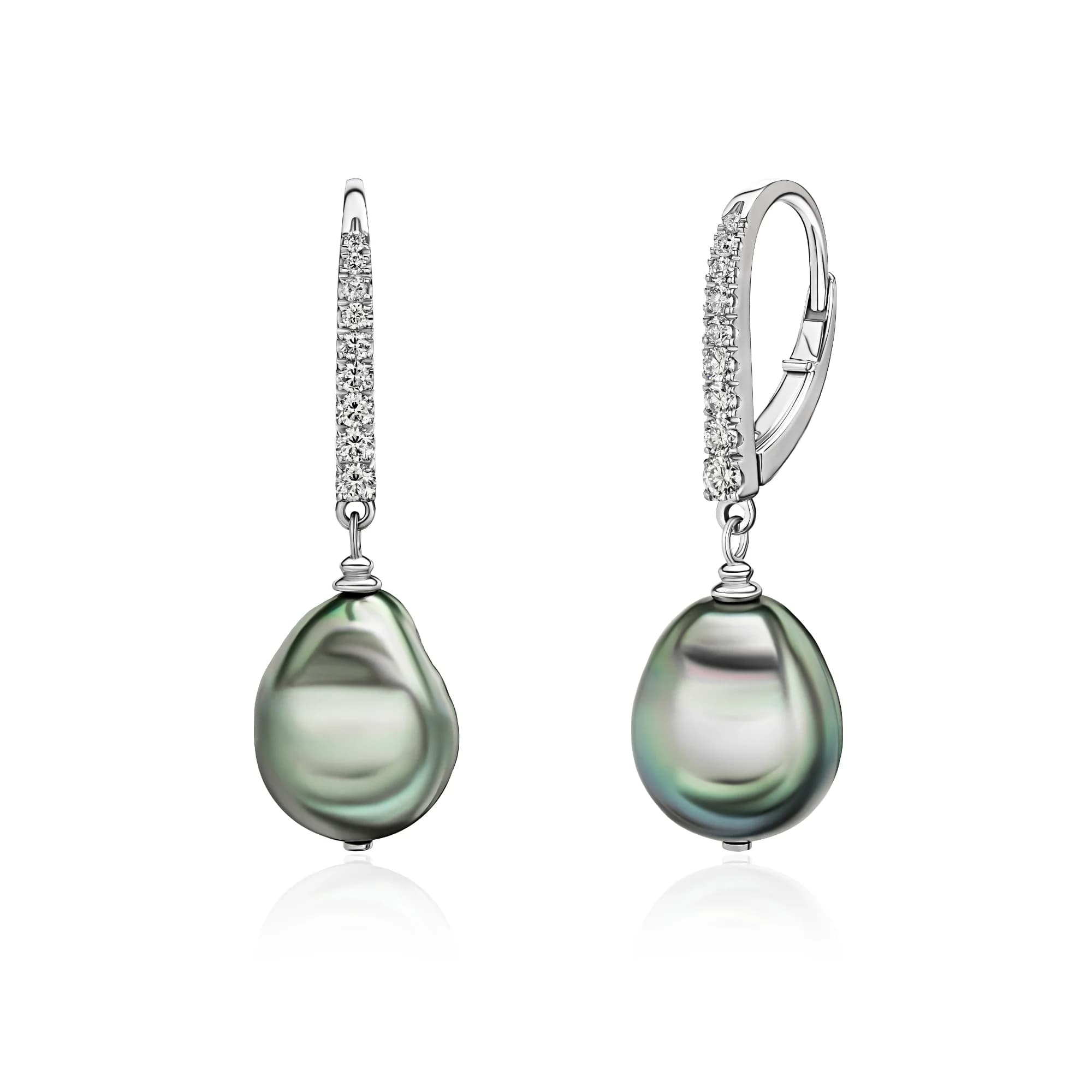 12 mm Tahitian Pearl & Diamond Drop Earrings, 18k white gold