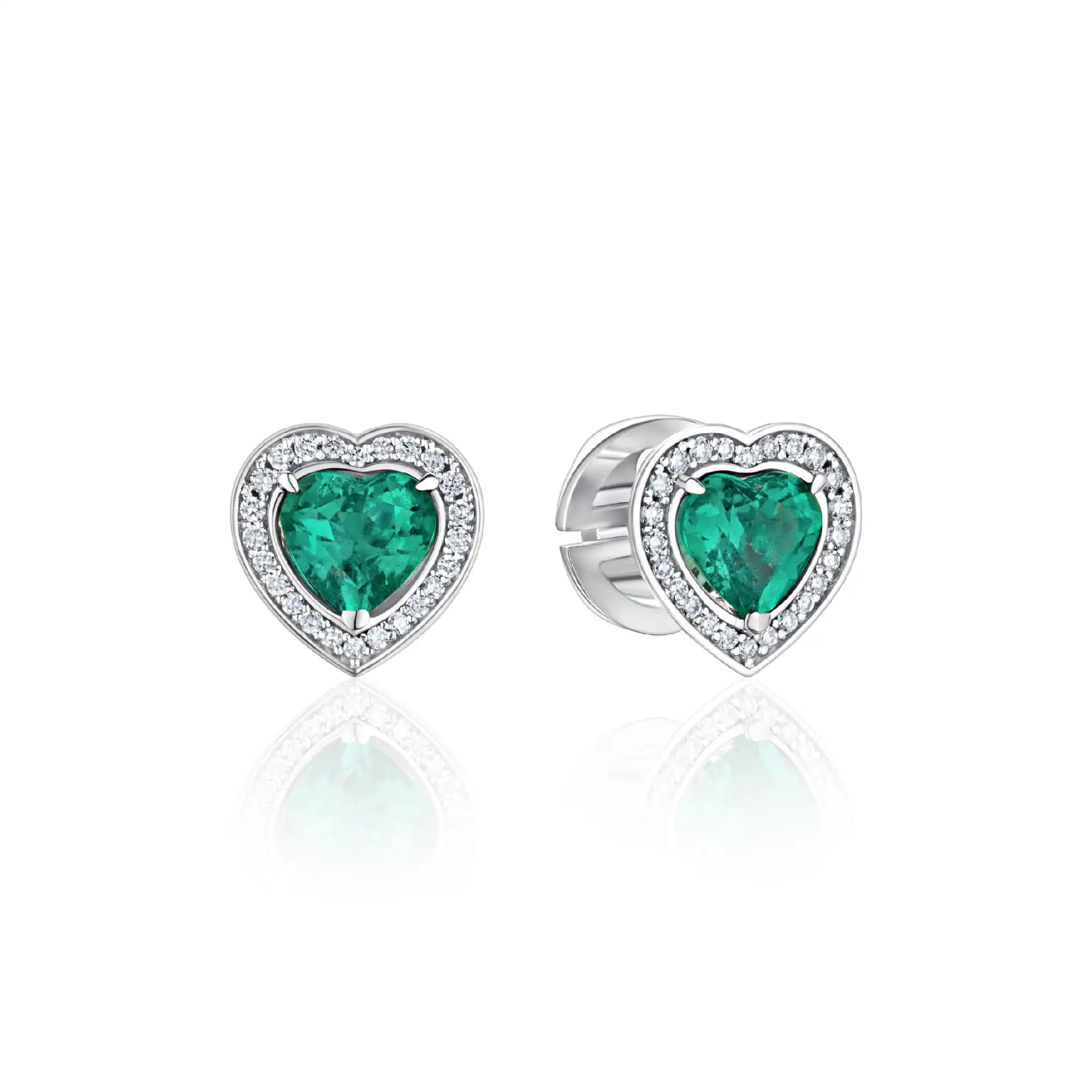 "Emerald Hearts" Emerald Stud Earrings, 14k white gold