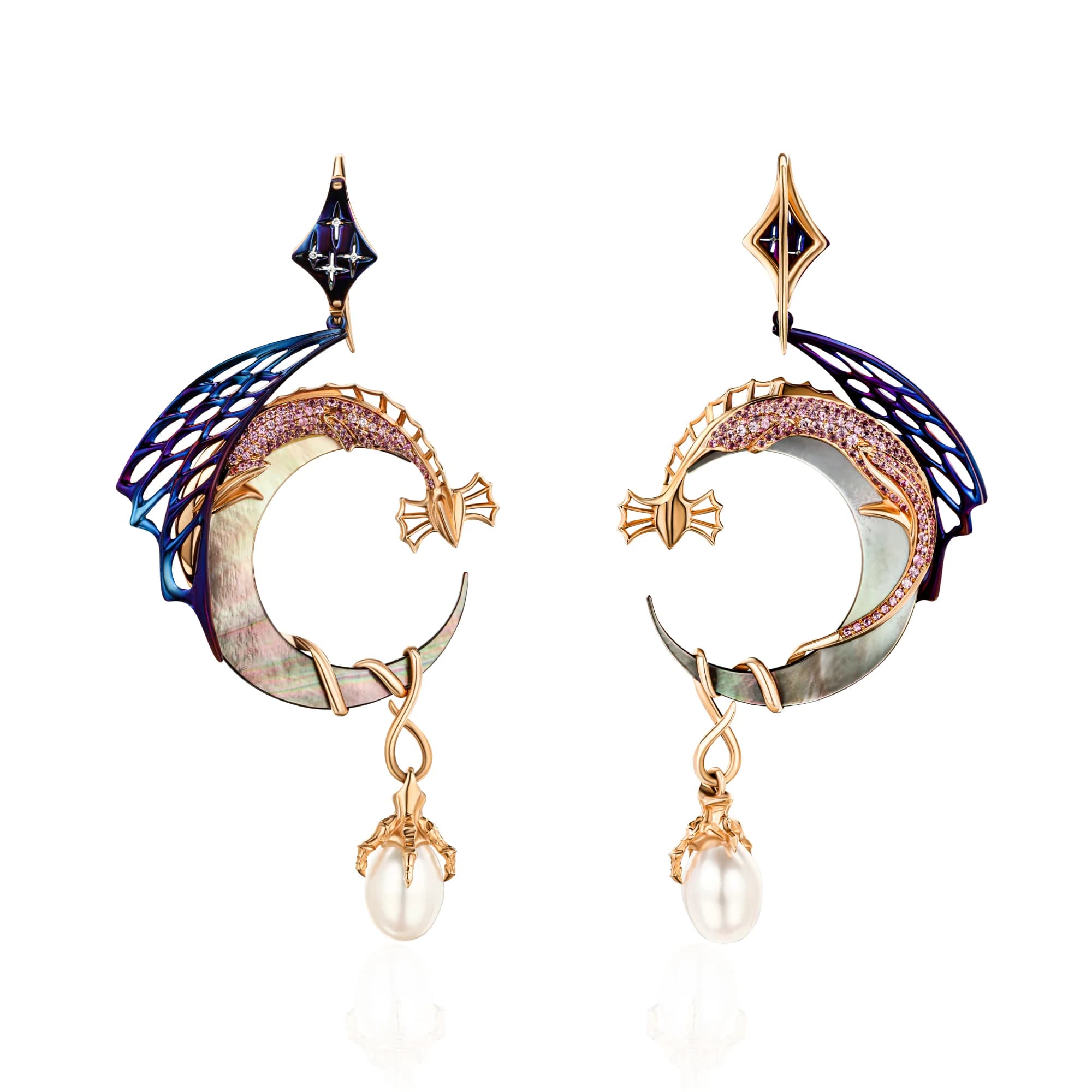 "Dragons" Sapphire, Pearl & Mother of Pearl Drop Earrings, 18k yellow gold