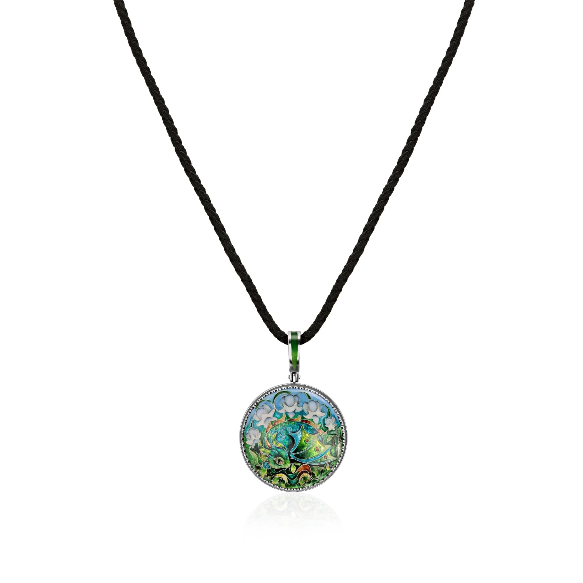 "Green Dragon" Enamel Pendant Necklace, sterling silver