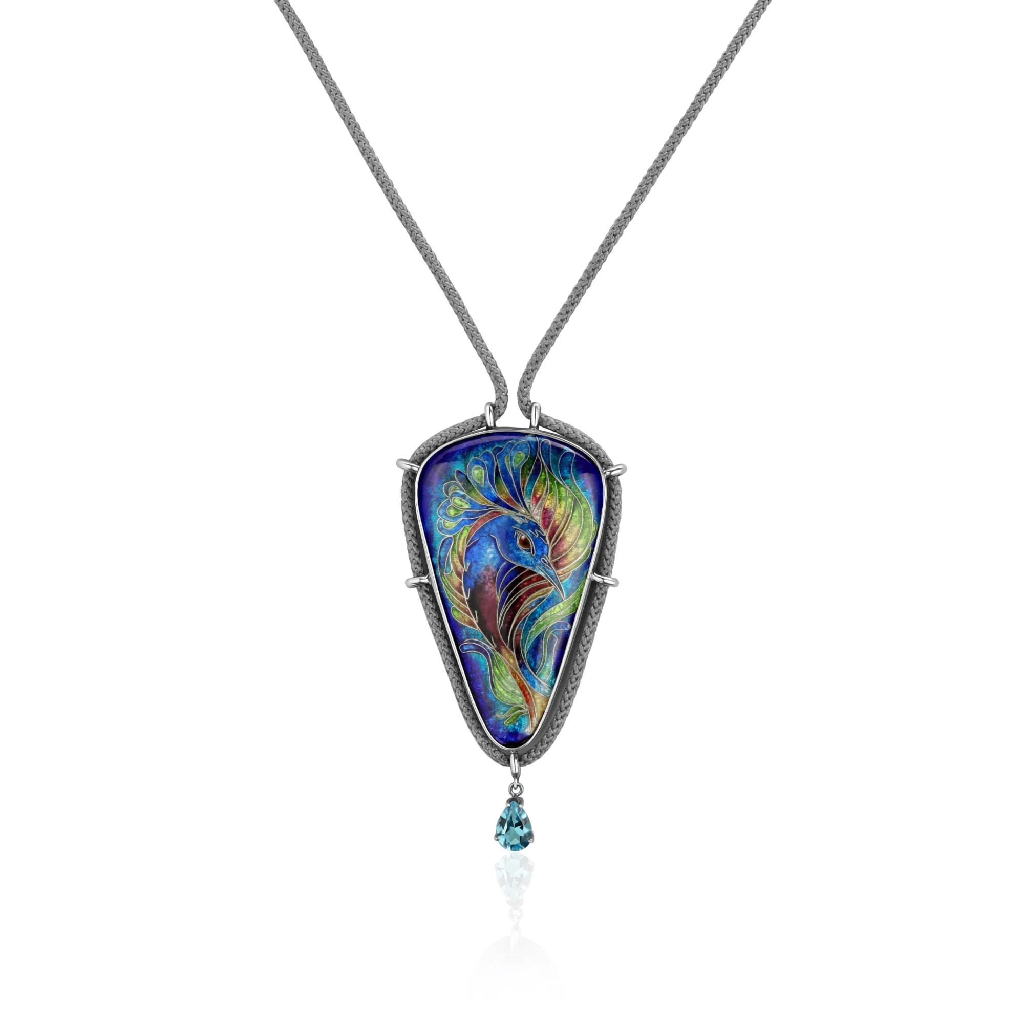 "Peacock with Topaz" Enamel Pendant Necklace, sterling silver